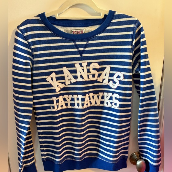 PINK Victoria's Secret Tops - PINK Victoria Secret Blue and White Striped Kansas Jayhawks Sweatshirt